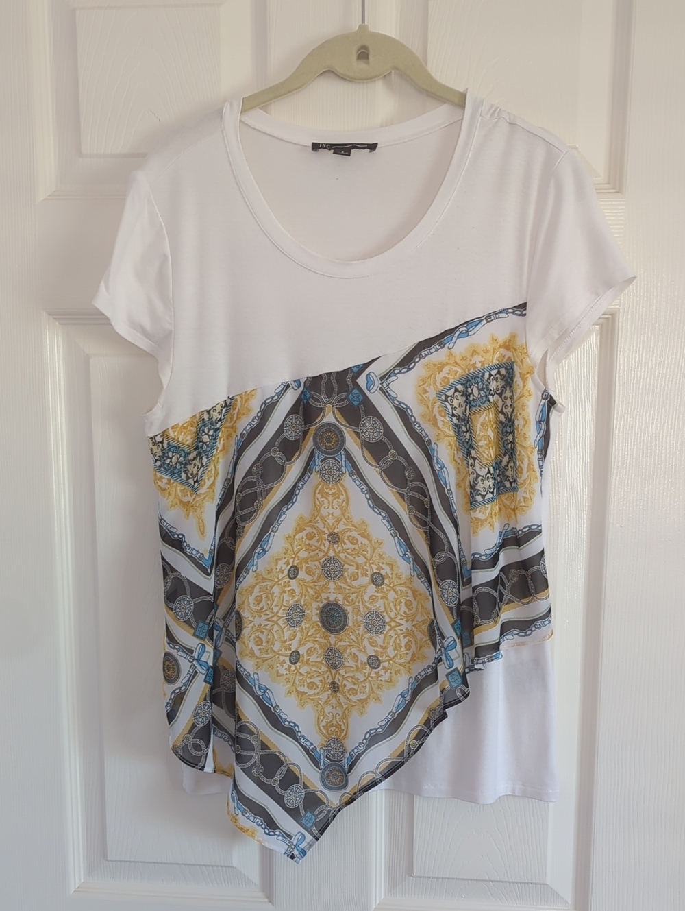 INC International Concepts White Short-Sleeve Top with Yellow-Blue Scarf Print
